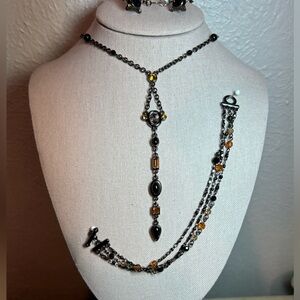Trifari Necklace, Bracelet & Earrings Set in Black Metal and Amber gemstones